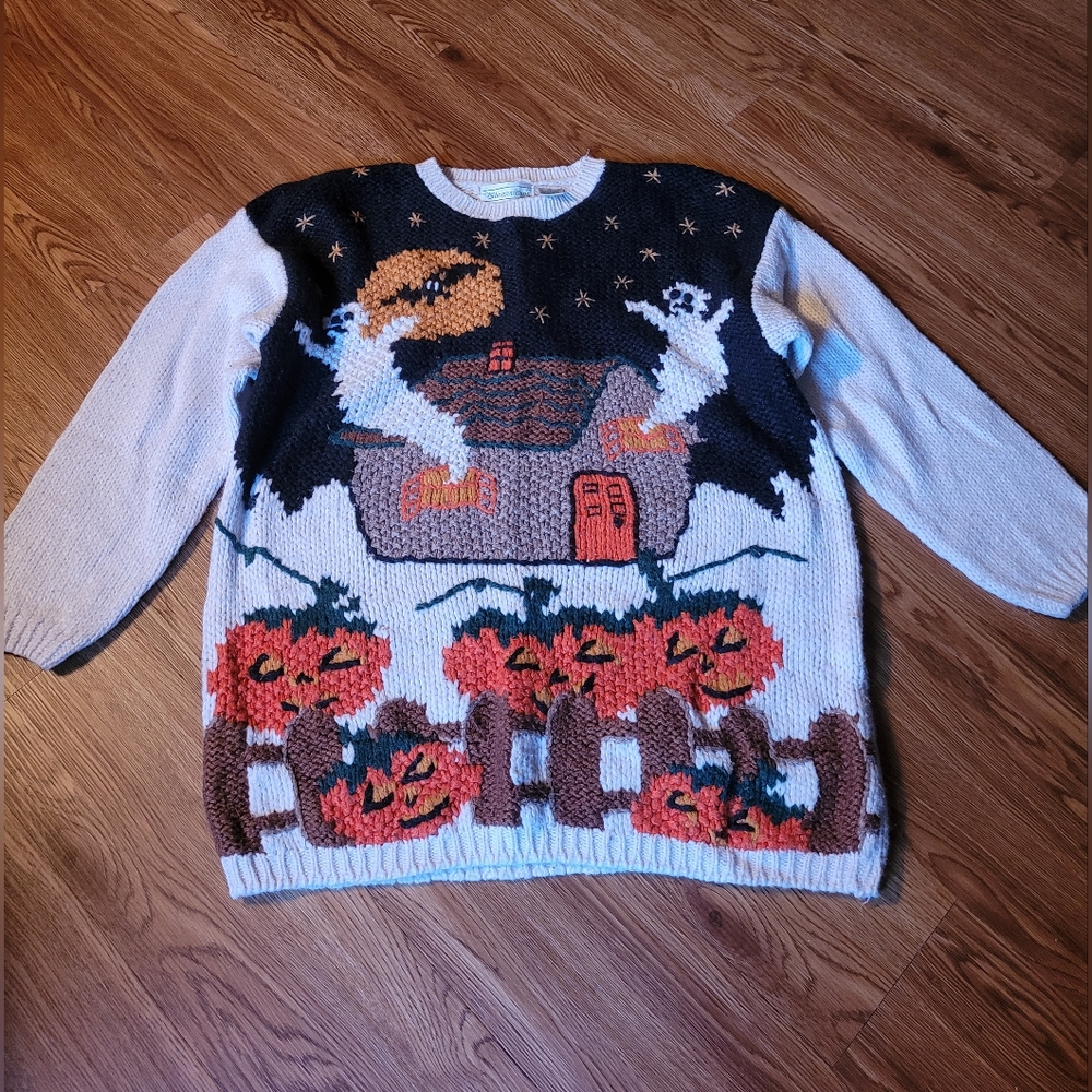 Vintage Halloween haunted house ghost pumpkin sweater bats moon stars cottage